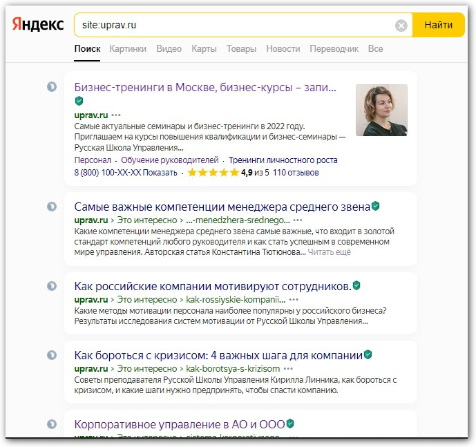 результаты проверки site: